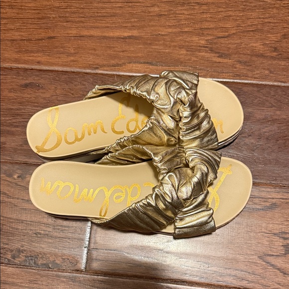 Sam Edelman Metallic Gold Ruched Slide Sandals - Picture 2 of 8